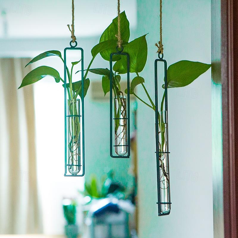 Wall Decoration Creative Iron Glass Vase Hemp Rope Pendant Living Room Hydroponic Pothos Plant Container Hanging2