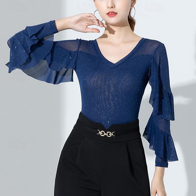 Ballroom Dance Activewear Leotard / Onesie Ruffles Pure Color Splicing Women's Performance Training Long Sleeve High Nylon