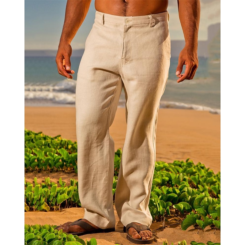 Men's Linen Pants Trousers Summer Pants Beach Pants Pocket Drawstring Elastic Waist Plain Comfort Breathable Daily Holiday Vacation Hawaiian Boho Yellow