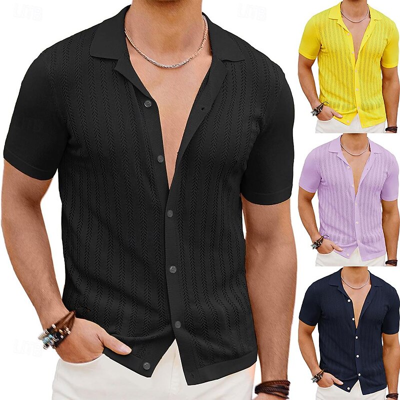Men's Shirt Summer Shirt Button Up Shirt Cardigan Black Yellow Purple Deep Blue Short Sleeves Fashion Lapel Daily Wear Hole Clothing Apparel Modern Contemporary