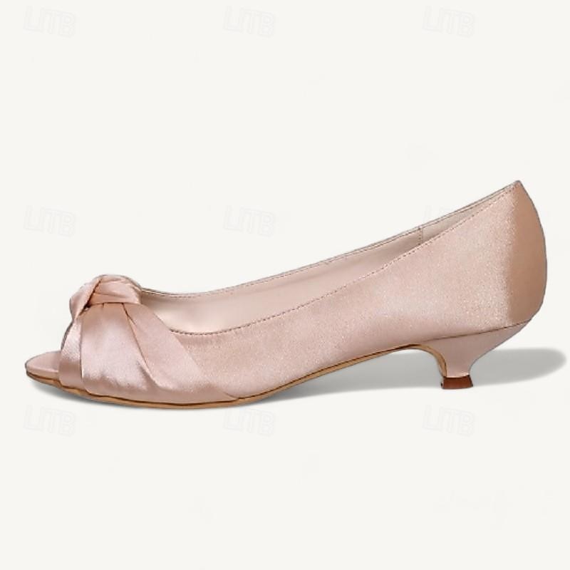 Women's Blush Pink Satin Peep-Toe Kitten Heels - Elegant Low Heel Shoes for Weddings and Special Occasions4