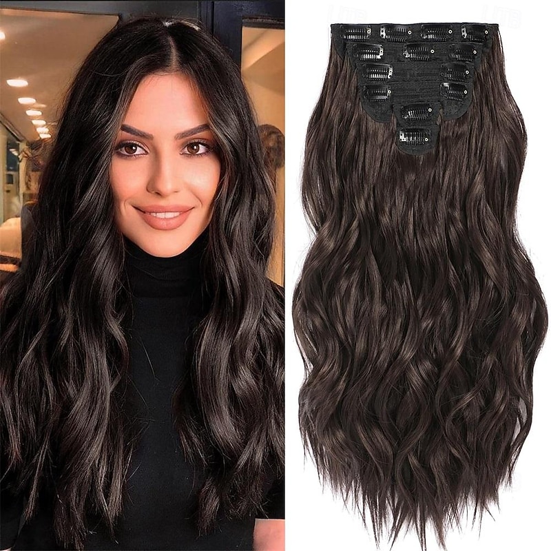Clip in Hair Extensions 6 PCS Natural & Soft Hair & Blends Well Hair Extensions Dark Brown Long Wavy Hairpieces