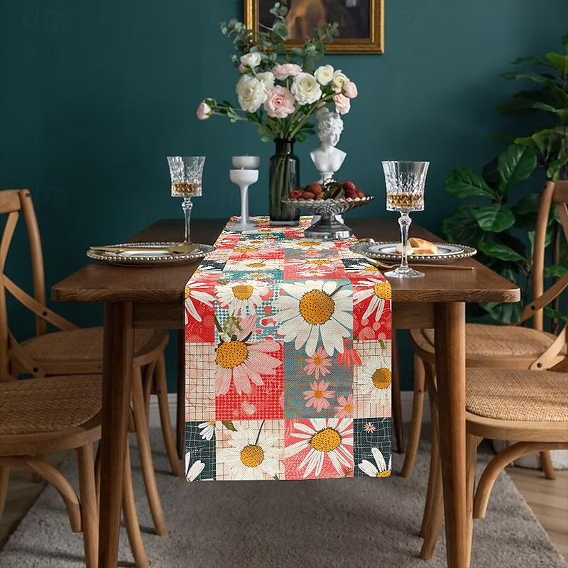 Floral Print Country Style Table Runner, Kitchen Dining Table Decor, Print Decor Table Runners for Indoor Outdoor Home Farmhouse Holiday Wedding Birthday Party Decoration4