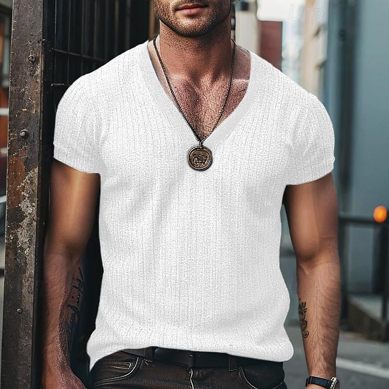 Men's T Shirt Tee Top Short Sleeves V Neck Summer Plain Pit Strip Fashion Designer Basic Buttons Vacation Street Going out Black White Royal Blue Top Tee for Men3