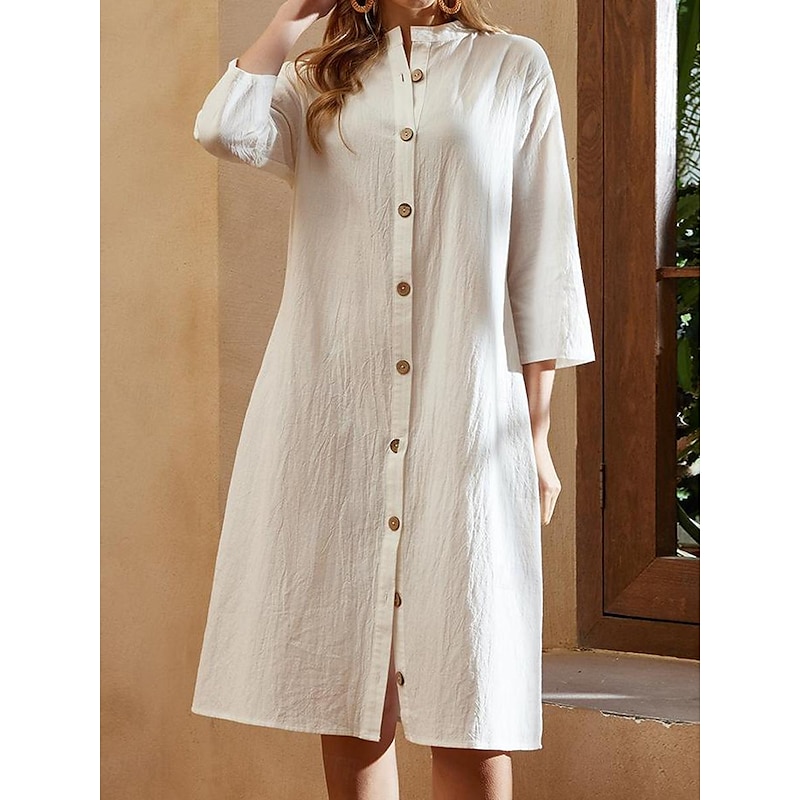 Women's Black White Green Summer Spring Fall Midi Dress Linen-Inspired Dresses Shirt Dress Casual Dress Fashion Basic Casual Outdoor Daily Regular Fit Plain Shirt Collar4