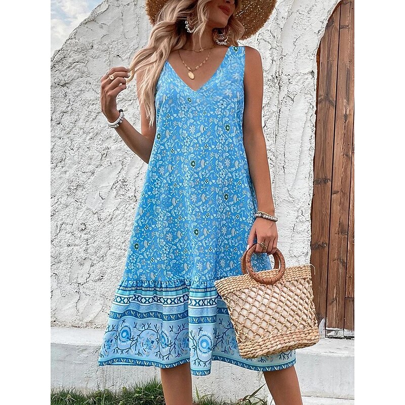 Women's Mini Dress Petite Dress A Line Dress Tank Dress Slip Dress Boho Vacation Party Casual Loose Fit Floral Sleeveless V Neck Pink Navy Blue Blue Green Summer