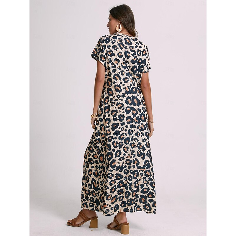Women's Maxi Dress Sundress Shift Dress Summer Dress Streetwear Sexy Drop Shoulder Vacation Party Holiday Regular Fit Leopard Short Sleeve V Neck Pink Blue Khaki Summer Spring3
