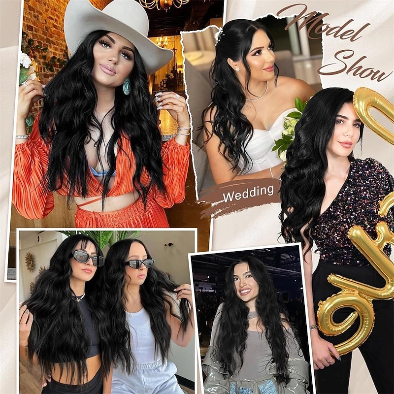 Clip in Long Wavy Synthetic Hair Extension 24 Inch Black 4PCS Thick Hairpieces Fiber Double Weft Hair for Women3