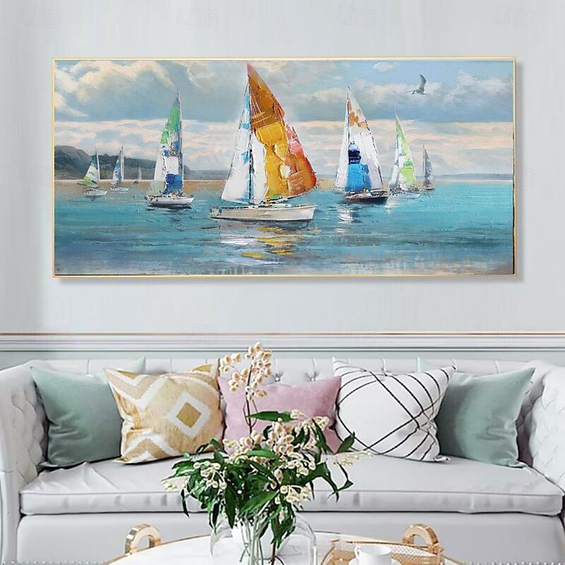 Handmade Oil Painting Canvas Wall Art Decoration Abstract Ocean Sailboat Sailing Landscape for Home Decor Rolled Frameless Unstretched Painting
