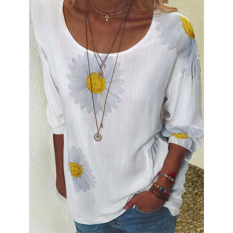 Women's Shirt Blouse Floral Fashion Long Sleeve Round Neck Regular Tops Casual Holiday Buttons Print Black White Yellow Pink Green Spring &  Fall2