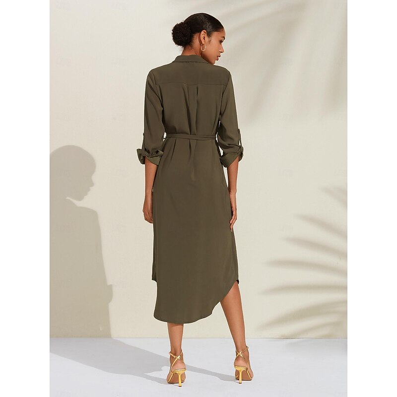 Satin Lace Up Button Casual Midi Shirt Dress4