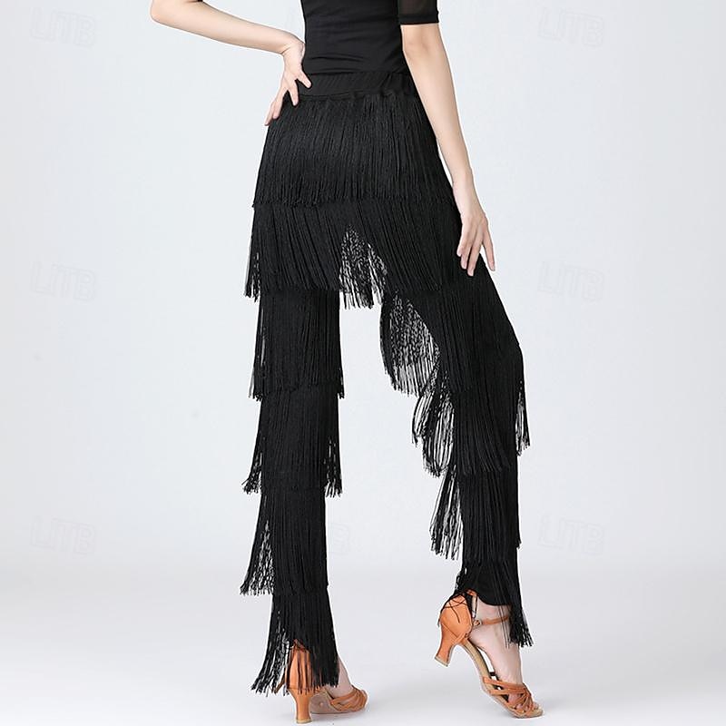 Latin Dance Ballroom Dance Pants Tassel Pure Color Splicing Women's Performance Training High Spandex2