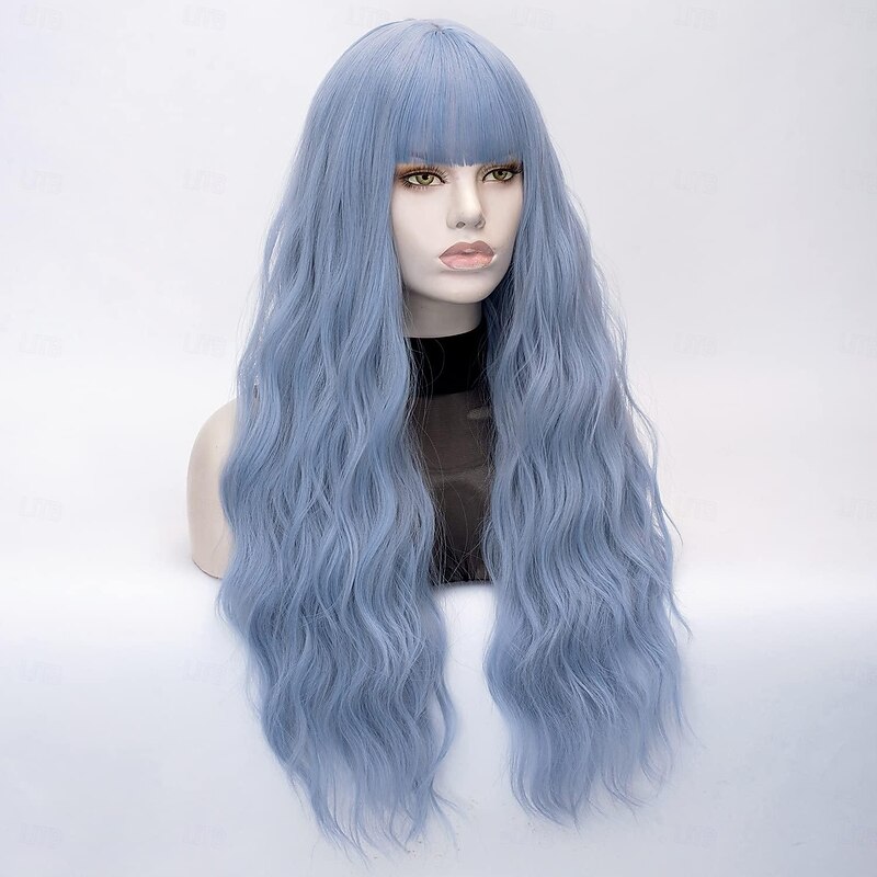 Long Blue Wig Women Long Wavy Pelucas Fluffy Curly Women Synthetic Fiber Realistic Fun Bang Light Blue Colorful Girls Wig Blue Halloween Wigs3