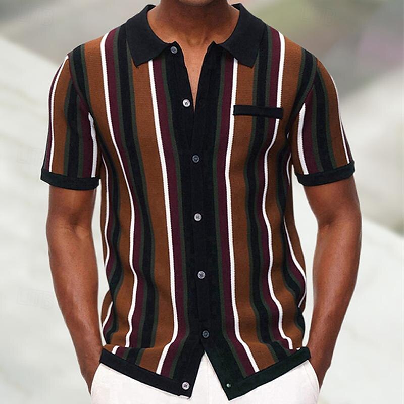 Men's Shirt Summer Shirt Casual Shirt Beach Shirt Button Up Shirt Striped Shirts White Brown Green Short Sleeve Stripe Lapel Vacation Hawaiian Knitted Clothing Apparel Polyester Fashion Casual - Main Image