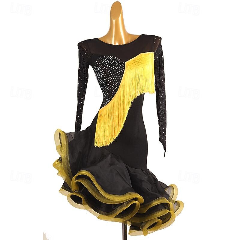 Latin Dance Dress Tassel Crystals / Rhinestones Women's Performance Daily Wear Long Sleeve Spandex Organza
