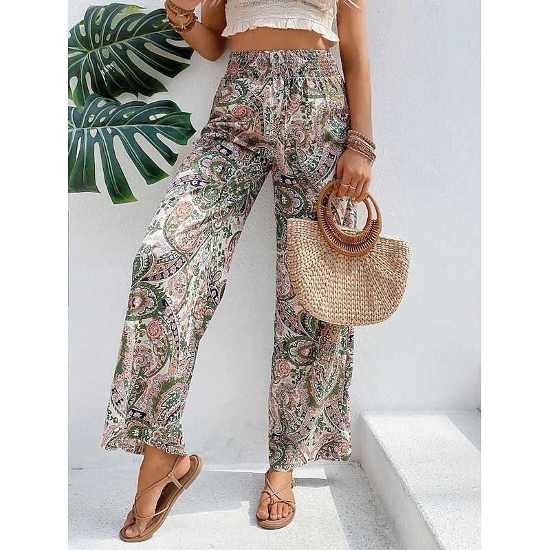 Women's Wide Leg Pants Trousers Casual Daily Long Floral Wide Leg Elastic Waistband Breathability Comfortable Micro-elastic Weekend Blue Red Green Khaki Spring & Summer Regular Fit2