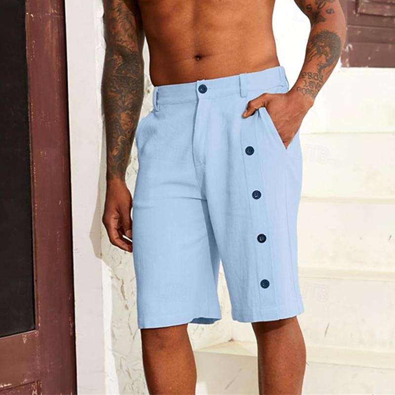Men's Linen Shorts Summer Shorts Bermuda shorts Beach Shorts Buttons Pocket Straight Leg Plain Comfort Breathable Short Holiday Vacation Beach Hawaiian Boho White Army Green - Main Image