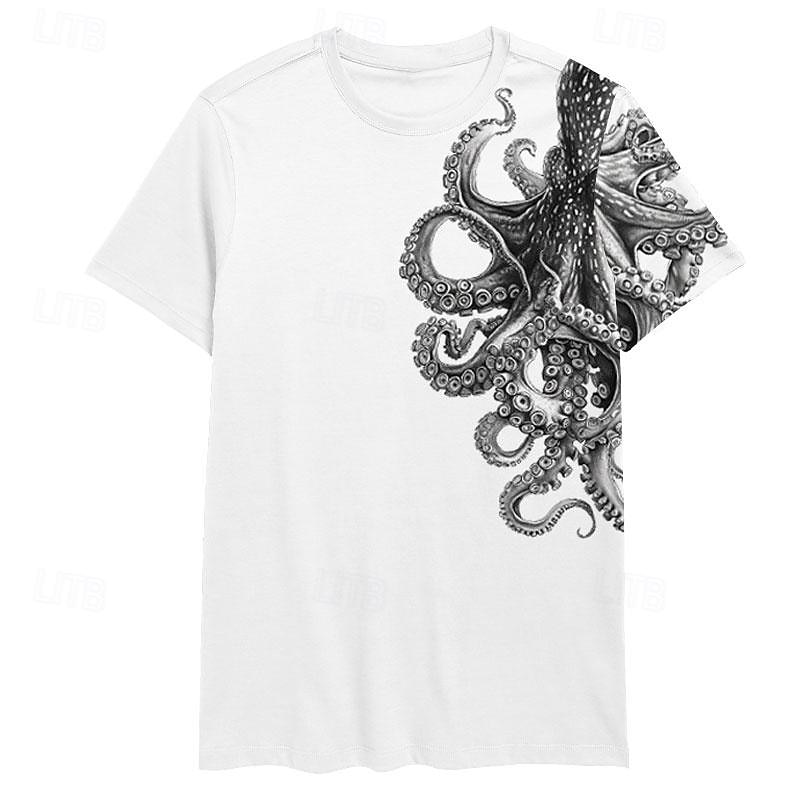 Men's Animal Octopus T Shirt Short Sleeve T shirt 3D Print Crew Neck Shirt Vacation Casual Resort Style Sports Outdoor Holiday Going out White Blue Khaki Spring & Summer Clothing Apparel S M L XL 2XL3