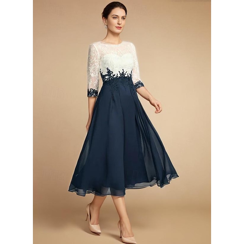 A-Line Mother of the Bride Dress Wedding Guest Elegant Vintage Jewel Neck Tea Length Chiffon Lace Half Sleeve with Lace Appliques Color Block3