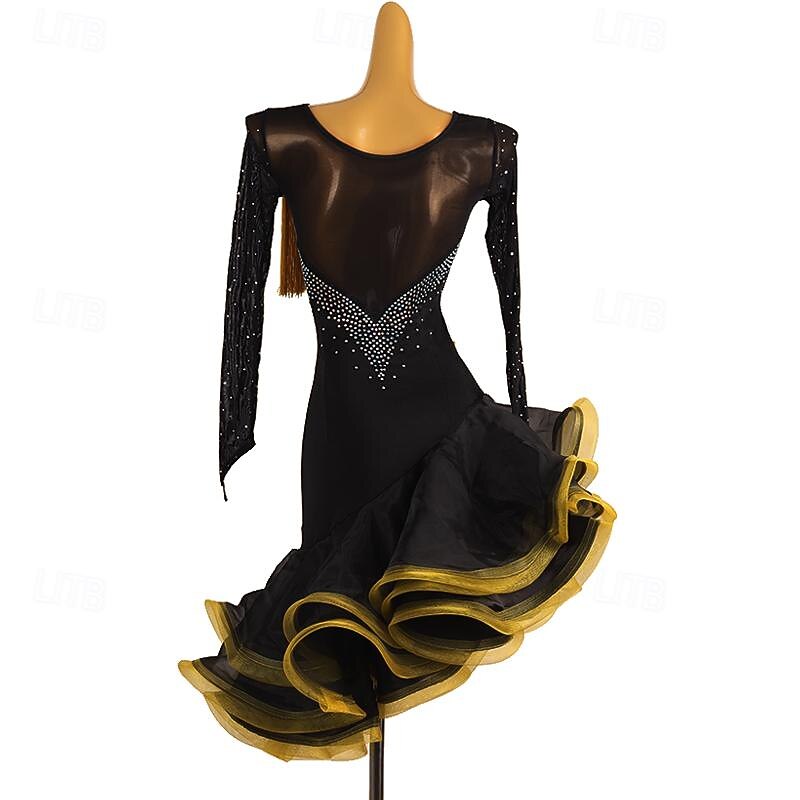 Latin Dance Dress Tassel Crystals / Rhinestones Women's Performance Daily Wear Long Sleeve Spandex Organza2