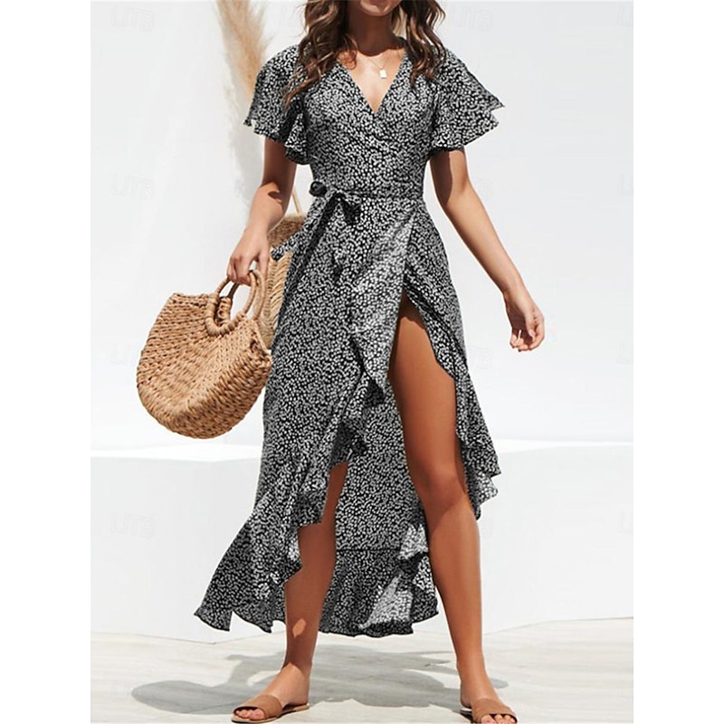 Women's Casual Dress Wrap Dress Polka Dot Lace up Ruffle V Neck Long Dress Maxi Dress Vacation Short Sleeve Summer4