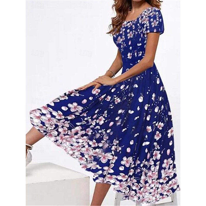 Women's Casual Dress Floral Print Square Neck Midi Dress Vacation Short Sleeve Summer4