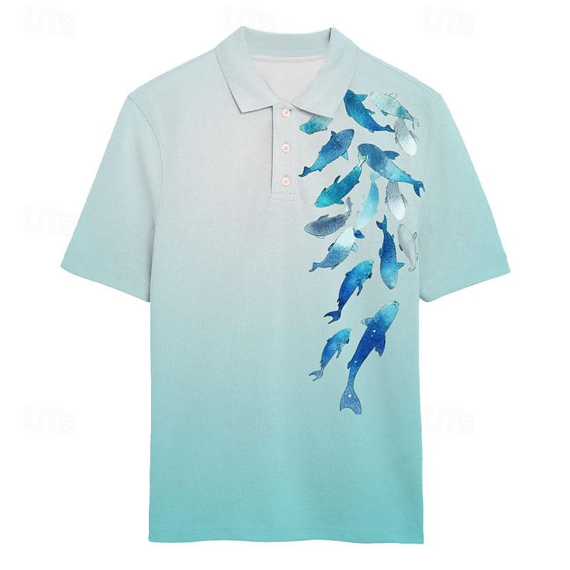 Kentucky Derby Men's Fish Hawaiian Polo Shirts Golf Shirt Short Sleeve Polo Shirts Collared Shirts Casual Beach Wear Vacation Wear Tropical Wear Party Outfits Buttons 3D Print Summer White Blue Light4