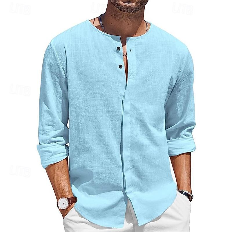 Men's Shirt Summer Shirt Casual Shirt Beach Shirt Button Up Shirt Black White Blue Green Gray Long Sleeve Plain Collar Vacation Hawaiian Clothing Apparel Cotton Cotton Blend Fashion Casual Comfortable4