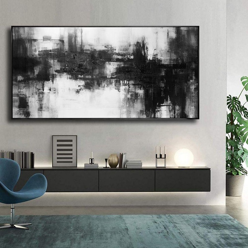 Handmade Oil Painting Canvas Wall Art Decoration Black and White Modern Simple Hand-Painted Abstract Decorative Picture for Home Living Room Decor Rolled Frameless Unstretched Painting4