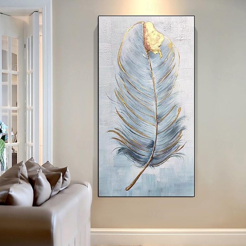 Abstract White Feather Canvas Painting hand painted Pop Modern Decorative Picture gold Feather painting Wall Art Picture for Living Room Entrance art painting