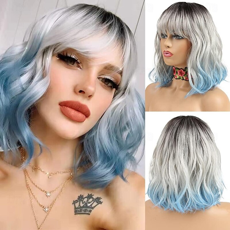 Blue Wig with Bangs Short Bob Curly Wigs for White Women Colorful Wavy Bob Wigs with Air Bangs Heat Resistant Synthetic Silver Blue Wigs for Daily Party Cosplay Costume Wigs