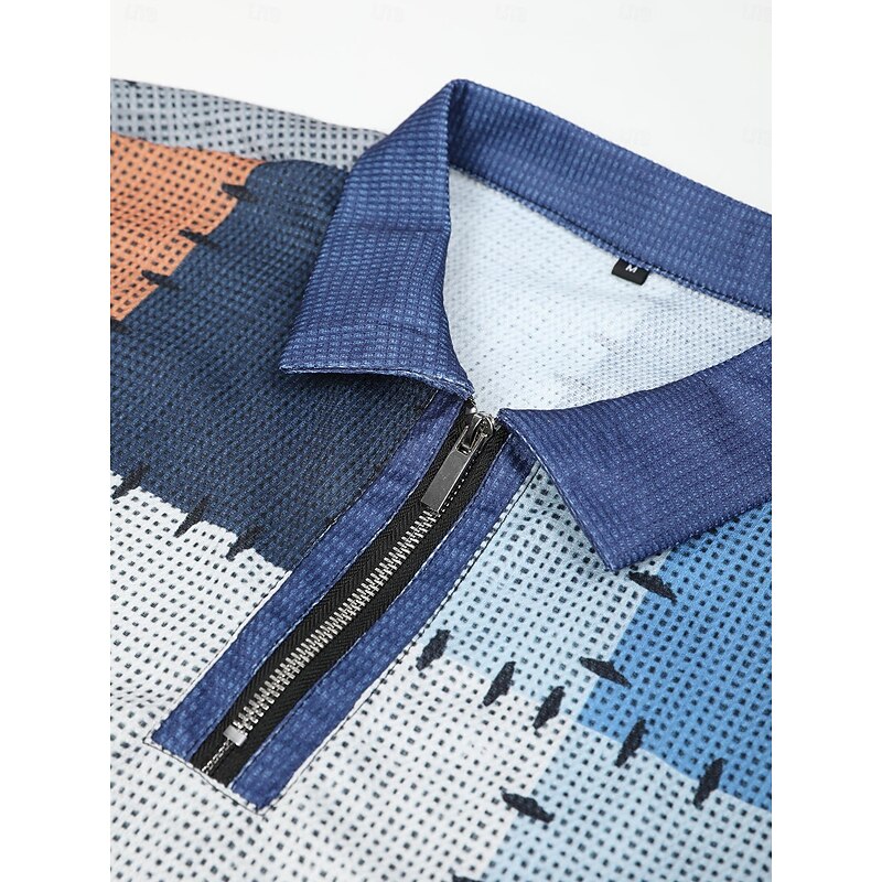 Men's Color Block Waffle Polo Shirts Golf Polos Shirts Long Sleeve Polo Shirts Turndown Zip Vintage Outdoor Casual Daily Streetwear 3D Print Fall & Winter Black Blue Brown4