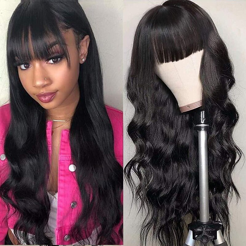 Body Wave Wigs with Bangs Human Hair Wig for Black Women Natural Color 150% Density Brazilian Virgin Hair None Lace Wigs  Machine Made Wig