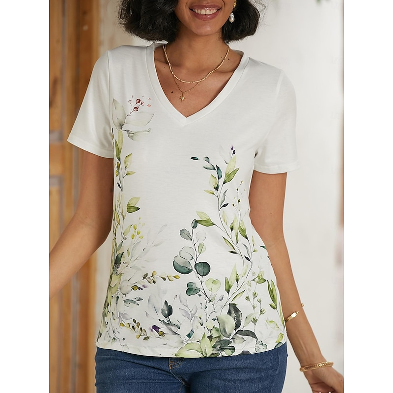 Women's T Shirt Basic Floral Print Short Sleeve Regular Tops V Neck Casual Holiday Weekend Blue Purple Green2