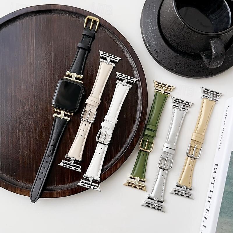 Leather Band Compatible with Apple Watch band 38mm 40mm 41mm 42mm 44mm 45mm 49mm Luxury Adjustable Alloy Genuine Leather Strap Replacement Wristband for iwatch Ultra 2 Series 9 8 7 SE 6 5 4 3 2 1