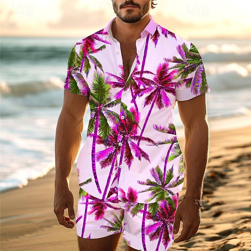 Men's Tropical Palm Tree Tropical Plants 2pcs Shirts Sets Summer Hawaiian Shirt Short Sleeve Short Pants Turndown Vacation Hawaiian Outdoor Vacation Hawaiian Pocket Buttons Print Summer All Seasons4
