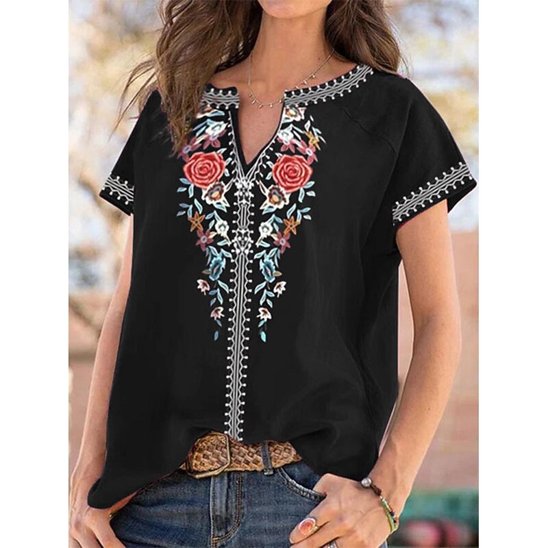 Women's Shirt Blouse Floral Ethnic Short Sleeve V Neck Regular Tops Casual Holiday Print Black White Wine Army Green Navy Blue Summer
