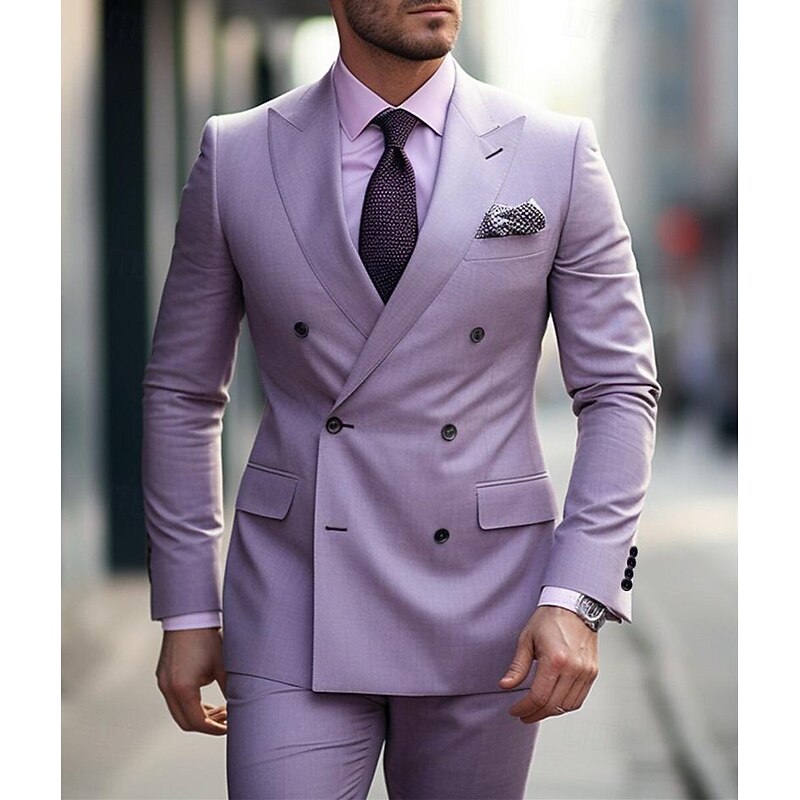 Men's Wedding Party Suits Peak Grape Purple Daily Business Solid Colored Tailored Fit 2 Piece Double Breasted Six-buttons