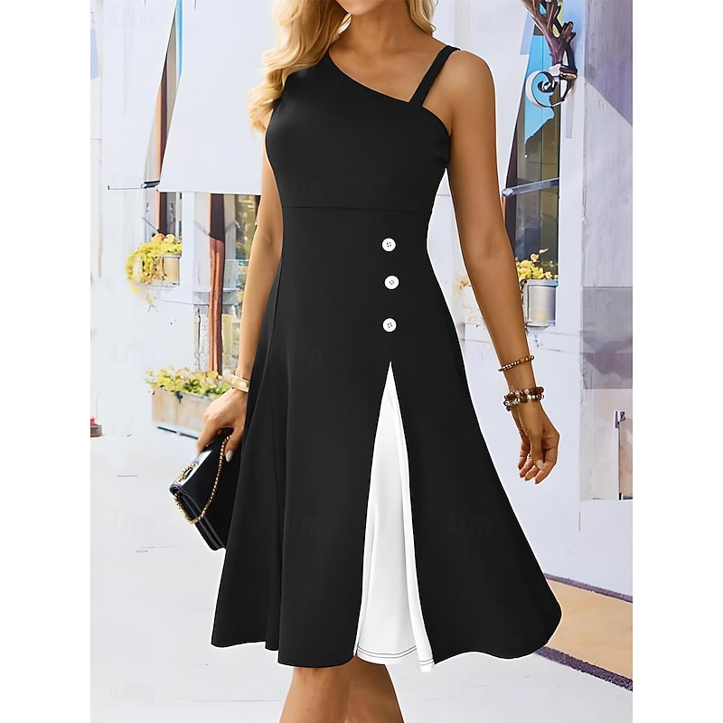 Women's Cocktail Dress One-Shoulder Asymmetrical Neckline Button Detail Sleeveless A-Line Midi Black White Party Elegant Stylish Spring Summer Clothing Apparel