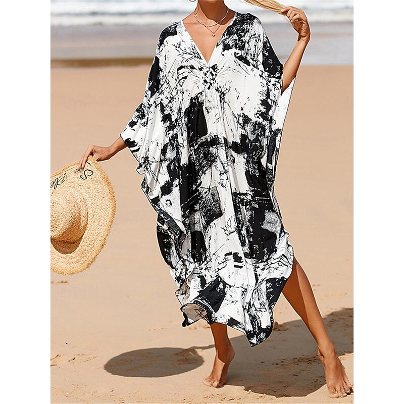 Women's Cover Up Graphic Leaf Print V Neck Long Dress Maxi Dress Hawaiian Vacation Beach 3/4 Length Sleeve Summer3