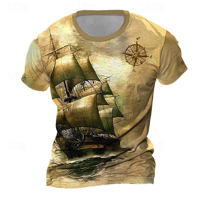 Men's Graphic Compass Sailboat T Shirt Short Sleeve T shirt 3D Print Crew Neck Shirt Daily Designer Retro Vintage Sports Outdoor Holiday Going out Yellow Blue Green Spring & Summer Clothing Apparel S