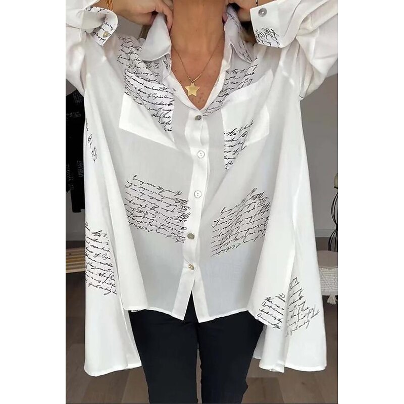 Women's Shirt Blouse Fashion Letter Buttons Pocket Print Long Sleeve Long Tops Shirt Collar Casual Black White Yellow Pink Blue Spring &  Fall