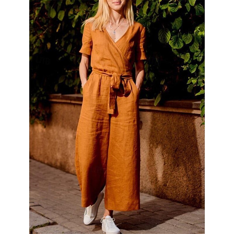 Women's Normal Jumpsuit Streetwear Solid Color Short Sleeve V Neck Lace up Pocket Street Daily Regular Fit Black Fuchsia Khaki Summer4