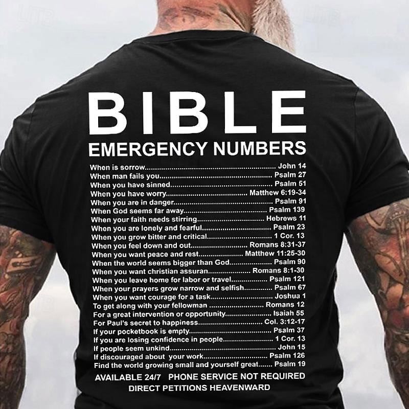 Christian Bible Emergency Numbers Backprint T-Shirt Religious Scripture Verse Graphic Tee for Men Faith-Based Inspirational Shirt Church Gift4