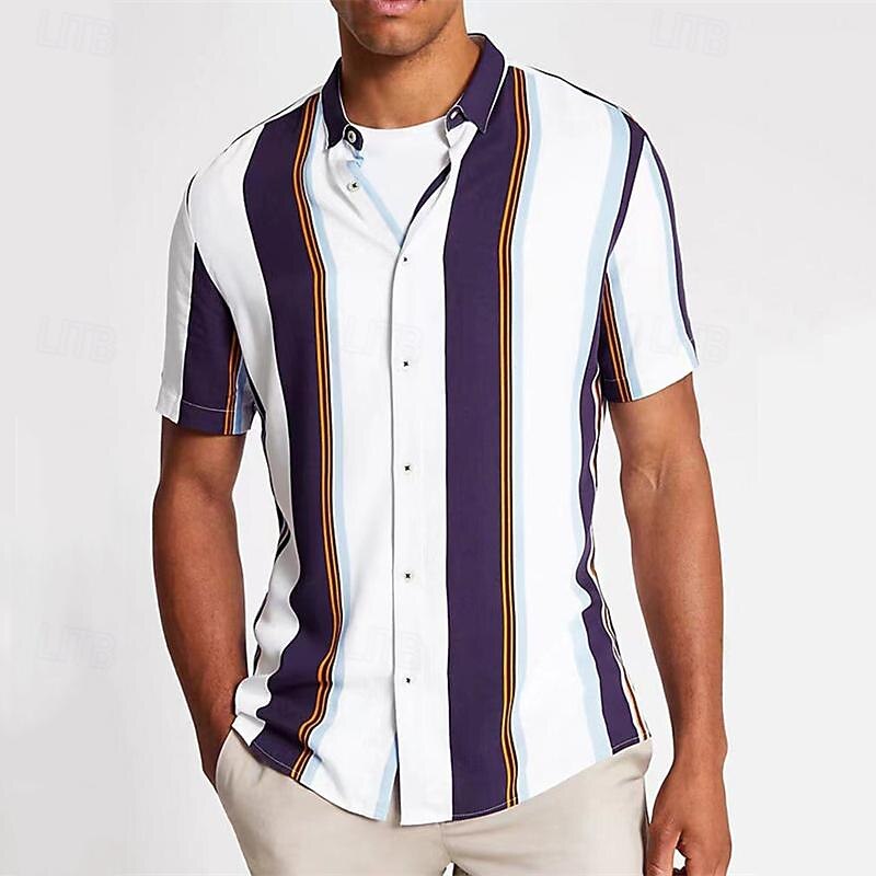 Men's Shirt Summer Shirt Casual Shirt Beach Shirt Button Up Shirt Striped Shirts Black White Yellow Blue Orange Short Sleeve Stripes Lapel Vacation Hawaiian Clothing Apparel Polyester Fashion Casual 8