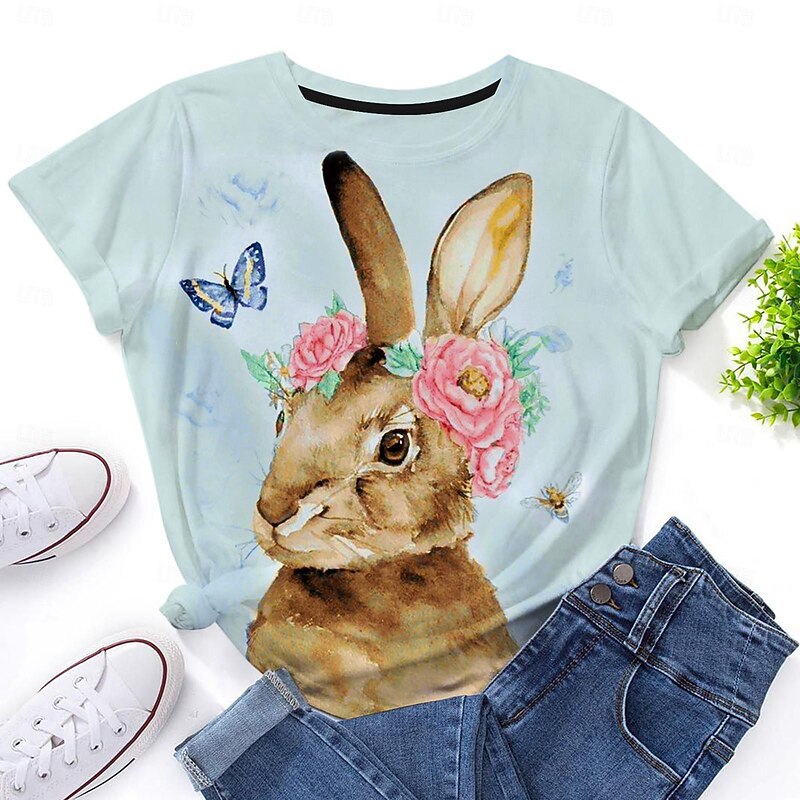 Women's Bunny Rose Crown T-shirt Blue Floral Crew Neck Stretch Casual Everyday Spring Summer Wear Multiple Sizes4