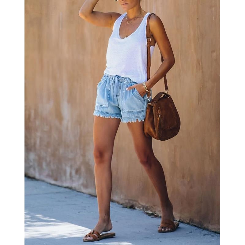 Women's Shorts Denim Elastic Waist Drawstring Frayed Hem Casual Summer Blue Regular Fit Beach Leisure Clothing Apparel4