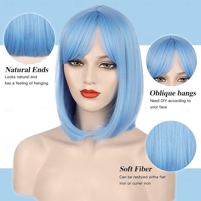 Blue Bob Wigs for Women Short Hair Wig with Bangs Straight Bob Wigs with Middle Part Soft Synthetic Full Wigs for Daily Party Use 14 Inches Halloween Wigs4