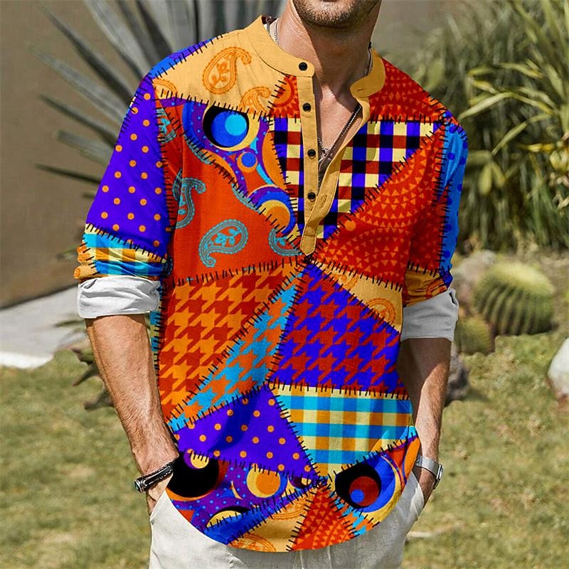 Men's Paisley Patchwork Shirt Linen Shirt Summer Hawaiian Shirt Long Sleeve Tribal Vacation Daily Wear Going out Spring &  Fall Stand Collar Buttons Print Orange