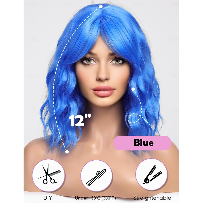 Blue Bob Wavy Wigs for Women Synthetic Hair Wig with Bangs Carnival Costume Wigs Daily Wear Fashionable Blue Wigs Perfect for Parties4